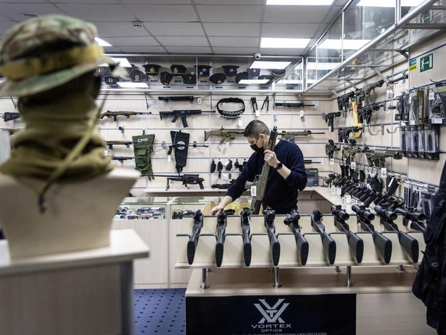 The gun counter of a shop in Kyiv this week, with arms for civlians. Picture: Getty Images