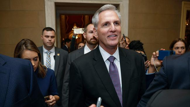 House Republican Leader Kevin McCarthy talks to reporters as he leaves the Chamber during the second day of elections for Speaker of the House. Picture: Getty Images via AFP.