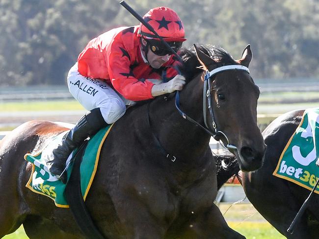 Delta Tango ridden by John Allen wins the Catanach's Jewellers Maiden Plate at Bendigo Racecourse on June 20, 2021 in Bendigo, Australia. (Brett Holburt/Racing Photos via Getty Images)