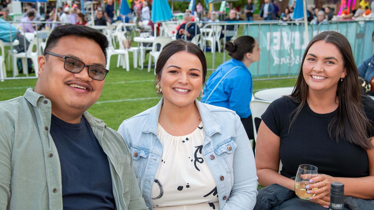 (From left) Josh Anderson, Emma Parker and Gemma Telfer. Toowoomba Carnival of Flowers Festival of Food and Wine. Friday, September 13, 2024. Picture: Nev Madsen