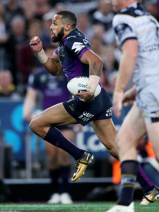 Melbourne's Josh Addo-Carr makes a break and scores a try during the 2017 NRL Grand Final at ANZ Stadium. Picture: Phil Hillyard