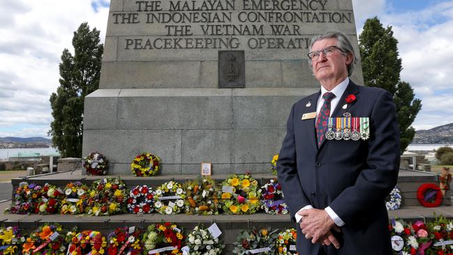 Tasmanian RSL president, Terry Roe at the Hobart Cenotaph Remembrance Day service. Picture: PATRICK GEE