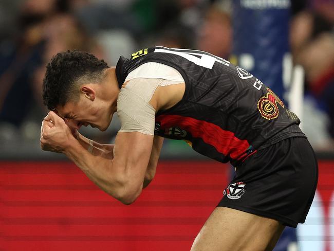 MELBOURNE, AUSTRALIA - MAY 18: Anthony Caminiti of the Saints reacts after an attempt on goal during the round 10 AFL match between Euro-Yroke (the St Kilda Saints) and Walyalup (the Fremantle Dockers) at Marvel Stadium, on May 18, 2024, in Melbourne, Australia. (Photo by Robert Cianflone/Getty Images)