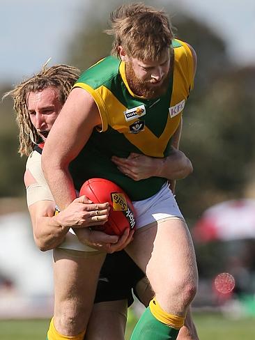 Gippsland Football League Grand Final match between Maffra Eagles and Leongatha Parrots. Maffra became the 2016 premiers, defeating Leongatha 13.10 (88) to 9. 16 (67). Danny Butcher has the tackle on Ben Willis. Picture: Yuri Kouzmin