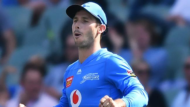 Jon Wells of the Strikers celebrates after catching out Josh Philippe of the Sixers. Picture: Mark Brake/Getty Images