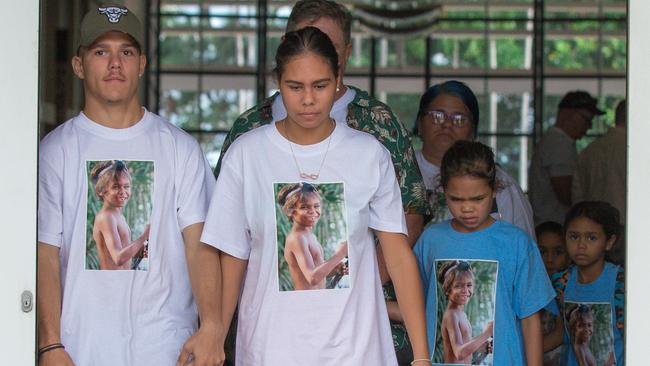 Friends and family led by Nikaiya Payne (centre), sister of eight-year-old Brettson Payne, who died when he fell out of a caravan being towed by Jonathan David Igescu. Picture: GLENN CAMPBELL