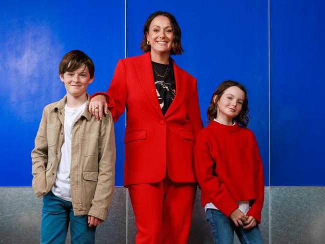 Celeste Barber with her Old Mates One and Two, Jack La Torre, 12, and Lily La Torre, 10. Picture: Justin Lloyd