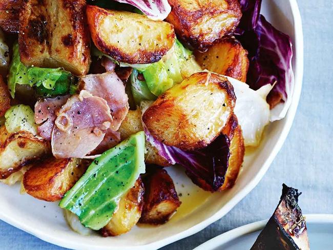 Duck fat roast potatoes with pancetta.