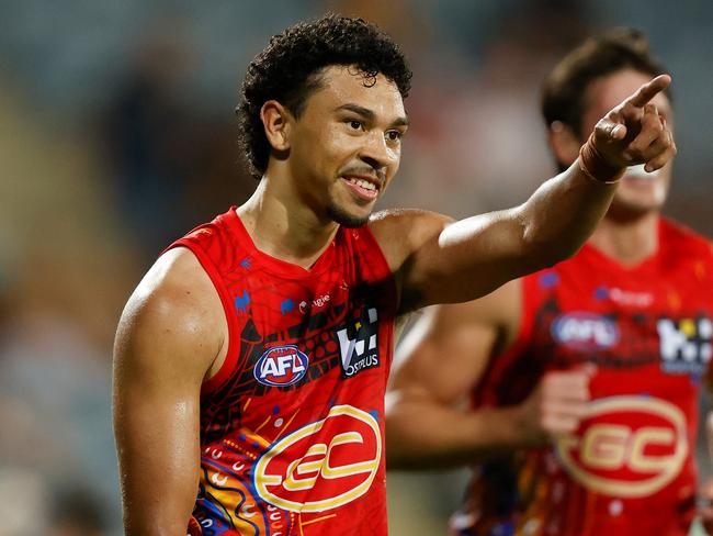 Malcolm Rosas of the Suns celebrates a goal during the 2022 AFL Round 11 match between the Gold Coast Suns and the Hawthorn Hawks. Picture: Michael Willson/AFL Photos