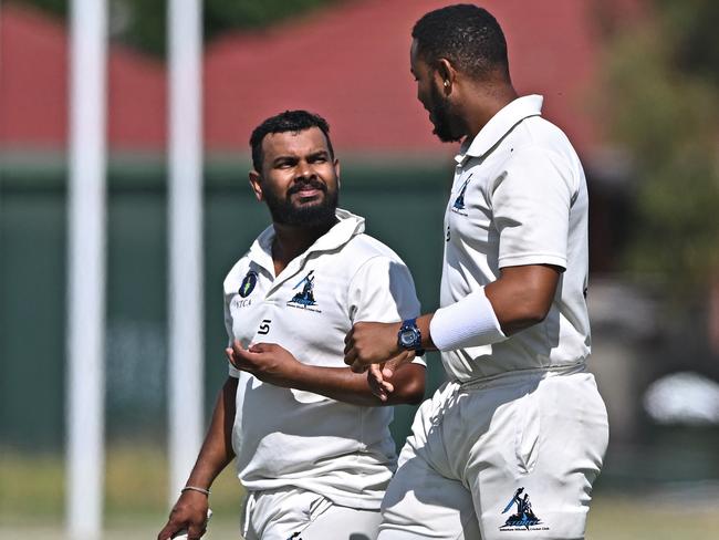 VTCA: Sydenham-Hillside pair GK Weerasekara and S King talk tactics. Picture: Andy Brownbill