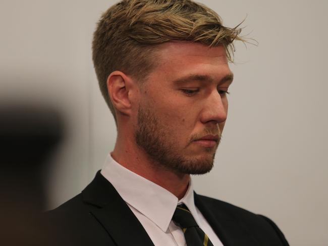 Richmond’s Nathan Broad speaks to media in the wake of the non-consensual sharing of a photo of a young woman, topless and with his AFL Premiership medal around her neck. Picture: Getty Images