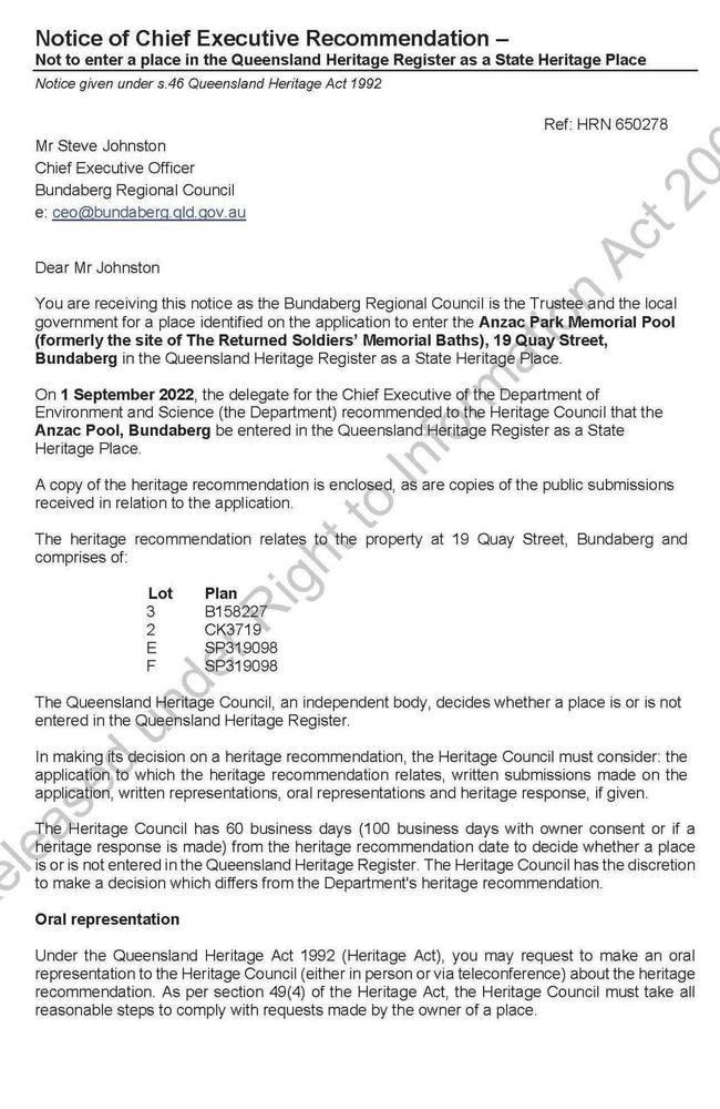 Bundaberg council CEO Steve Johnston received the Department of Environment and Science's recommendation that Anzac Pool be added to the Queensland Heritage Register on September 2, three days before the demolition of the pool began.