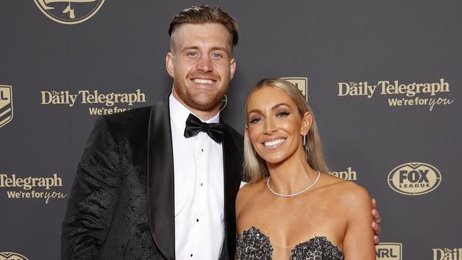 DAILY TELEGRAPH SEPTEMBER 28, 2022. Cameron Munster and Bianca McMahon on the red carpet for the 2022 Dally M Awards, held at Royal Randwick Racecourse. Picture: Jonathan Ng