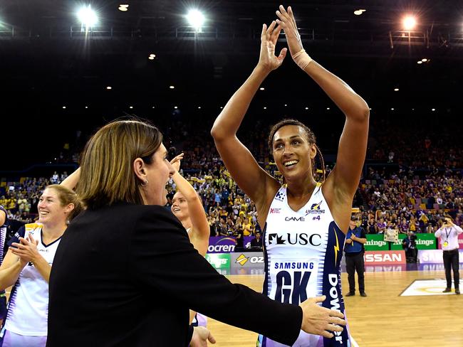 BRISBANE, AUSTRALIA - AUGUST 12:  Geva Mentor of the Lightning celebrates victory with Assistant Coach Kylee Byrne after the Super Netball Major Semi Final match between the Firebirds and the Lightning at Brisbane Entertainment Centre on August 12, 2018 in Brisbane, Australia.  (Photo by Bradley Kanaris/Getty Images)