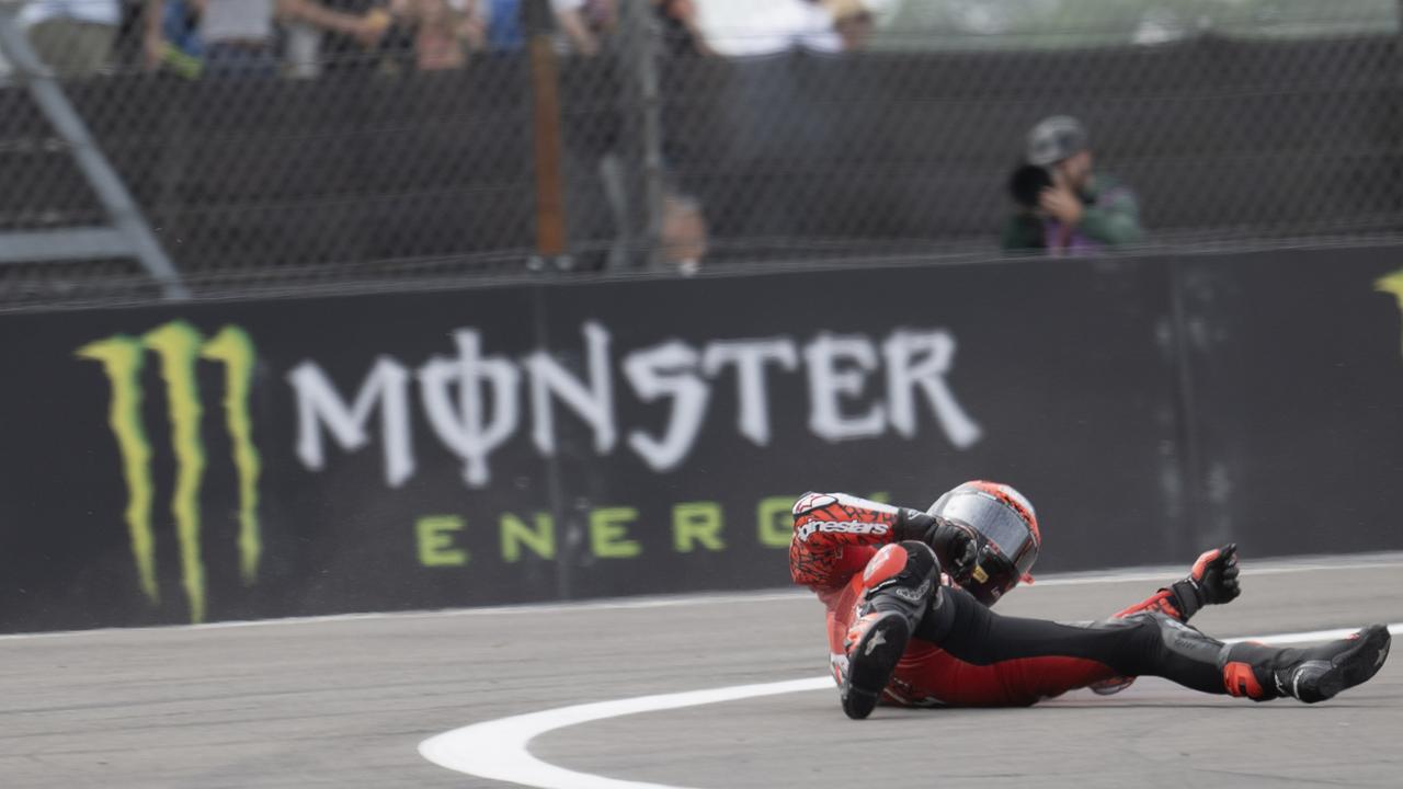 NORTHAMPTON, ENGLAND - AUGUST 03: Francesco Bagnaia of Italy and Ducati Lenovo Team crashed out during the MotoGP Of Great Britain - Sprint at Silverstone Circuit on August 03, 2024 in Northampton, England. (Photo by Mirco Lazzari gp/Getty Images)