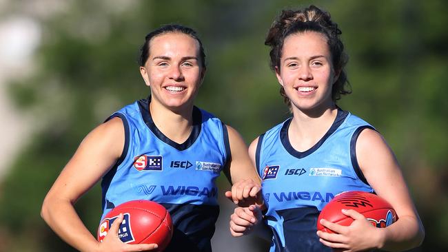 The sisters hope Sturt can add another win this Saturday when it takes on Glenelg with the game live streamed by The Advertiser. Picture: Dean Martin