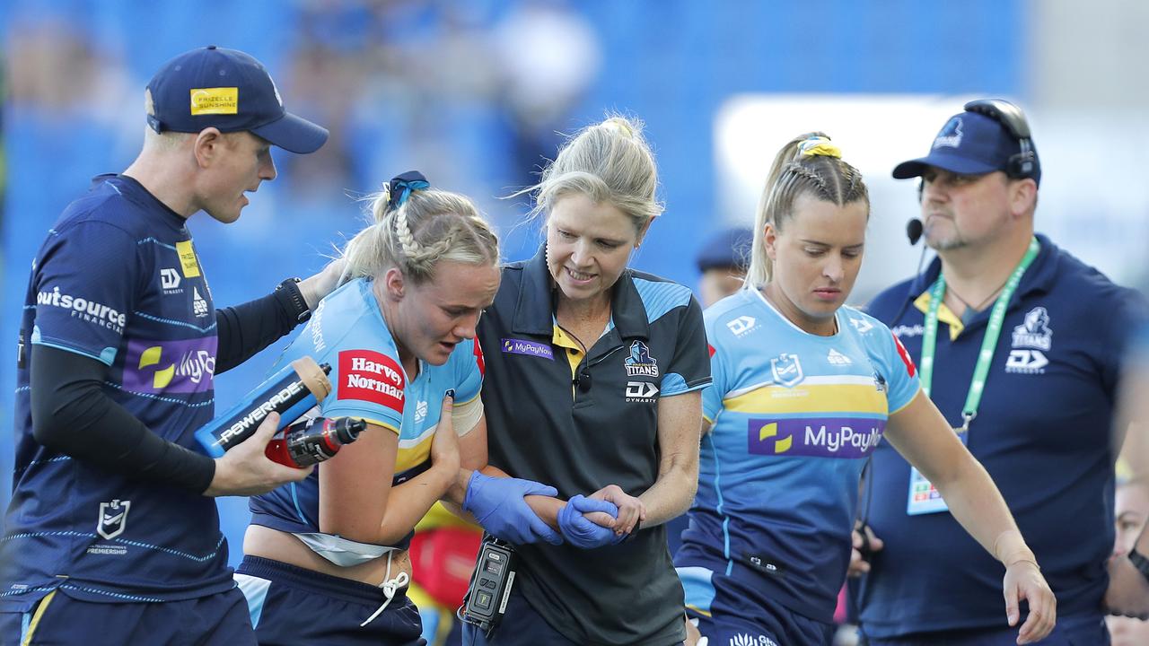 Emily Bass was forced from the field with a shoulder injury. Picture: Getty