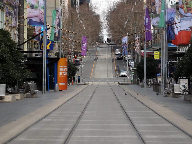 An empty Bourke St mall in 2020 ahead of Melbourne’s lockdown. Picture: Alex Coppel