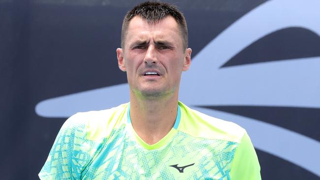 Bernard Tomic during his near three-hour grind against Jason Kubler at the Brisbane QTC Tennis International, at Tennyson, on Wednesday. He believes he can return to the top 100: “If I get myself in qualies for Wimbledon and have a good run, it’s somewhere where I’ve qualified and made (a) quarter.” Picture: Steve Pohlner