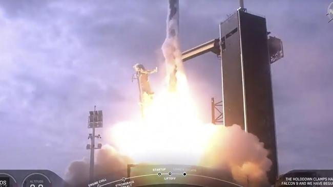 This NASA TV video grab shows SpaceX as it launches to perform its in-flight abort test in January 2020 at the Kennedy Space Centre, Florida. Picture: NASA TV/AFP