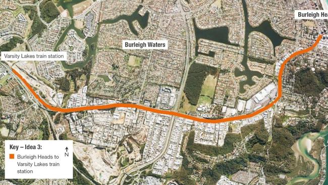 Proposed western Gold Coast light rail spur line from Burleigh Heads to Varsity Lakes. Picture supplied by Gold Coast City Council.