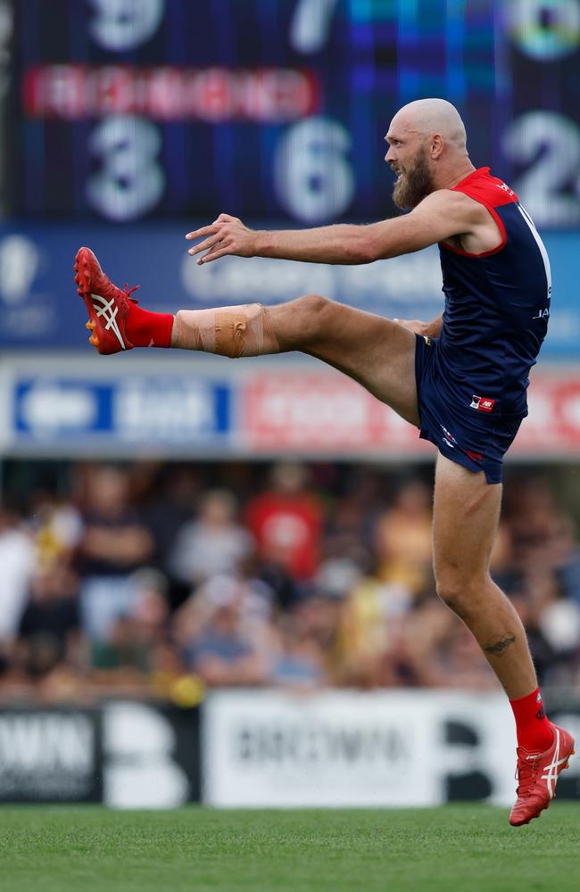 Max Gawn in action at Casey Fields during the 2023 pre-season. Picture: Michael Willson/AFL Photos