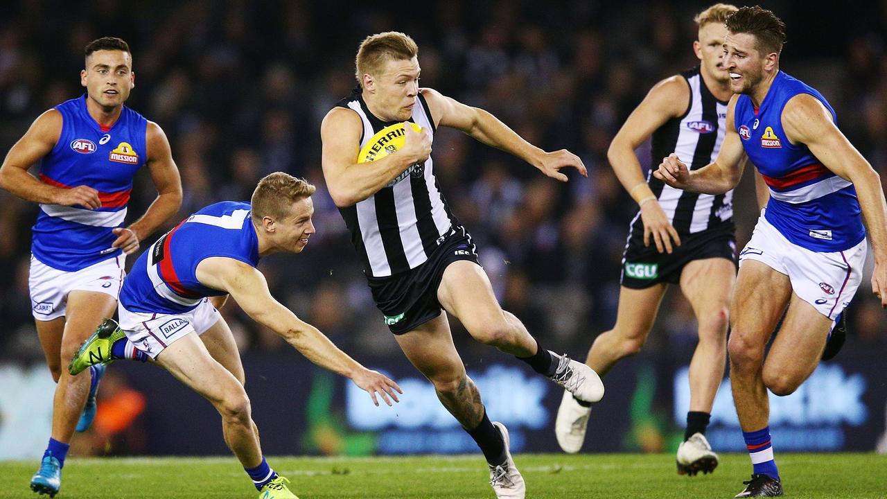 Jordan de Goey’s Magpies defeated the Western Bulldogs at Etihad Stadium.