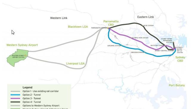 A map of a propsoed fast rail connecting Parramatta to the proposed Western Sydney Airport at Badgerys Creek and Sydney CBD.