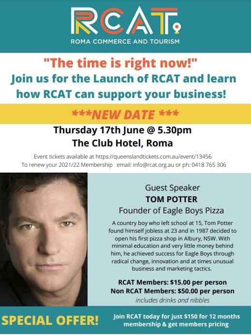 Roma Commerce and Tourism organise founder of Eagle Boys Pizza, Tom Potter to speak to local businesses.