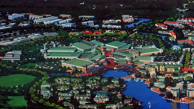 Artist's impression showing aerial view of Robina Town Centre, Merrimac, one of Australia's largest shopping centres, due to open 04/96. Queensland / Shopping / Suburbs