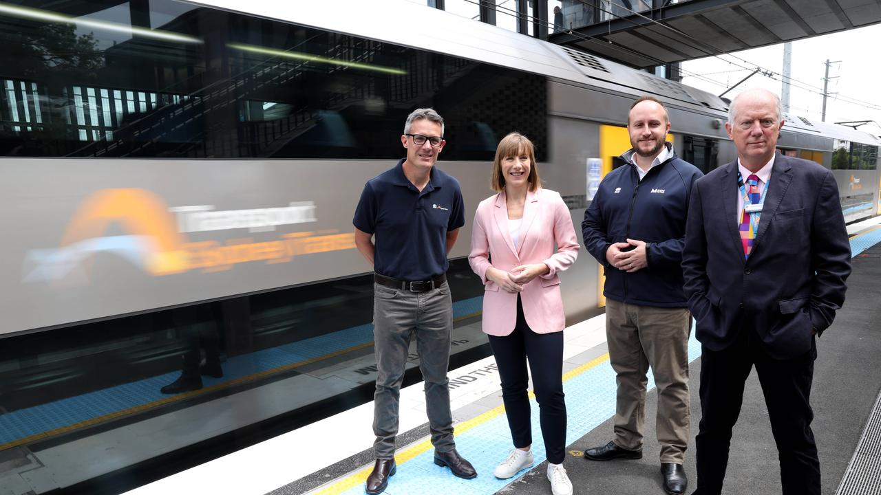 NSW Minister for Transport Jo Haylen pictured with Transport for NSW Coordinator-General Howard Collins, Sydney Trains Chief Executive Matt Longland and Sydney Metro Acting Chief Executive Josh Watkin at Dulwich Hill Train Station ahead of the T3 Bankstown line closure beginning from Monday. Picture: NewsWire / Damian Shaw