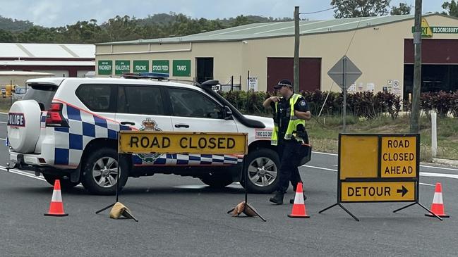 Police set up a 5km exclusion zone around a truck crash and chemical spill on the Bruce Highway, near Bloomsbury north of Mackay on February 13, 2024. Picture: Fergus Gregg