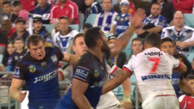 5-5: Canterbury's Tony Williams passes the ball to himself in the lead-up to the William Hopoate try.
