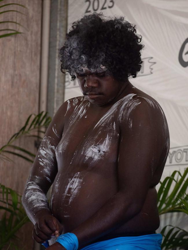 Michael Yunupingu at the ceremonial opening of Garrtjambal Auditorium bringing in Guwak, the Ancestral Nightbird dance at the Garma Festival 2023. Picture: Pema Tamang Pakhrin