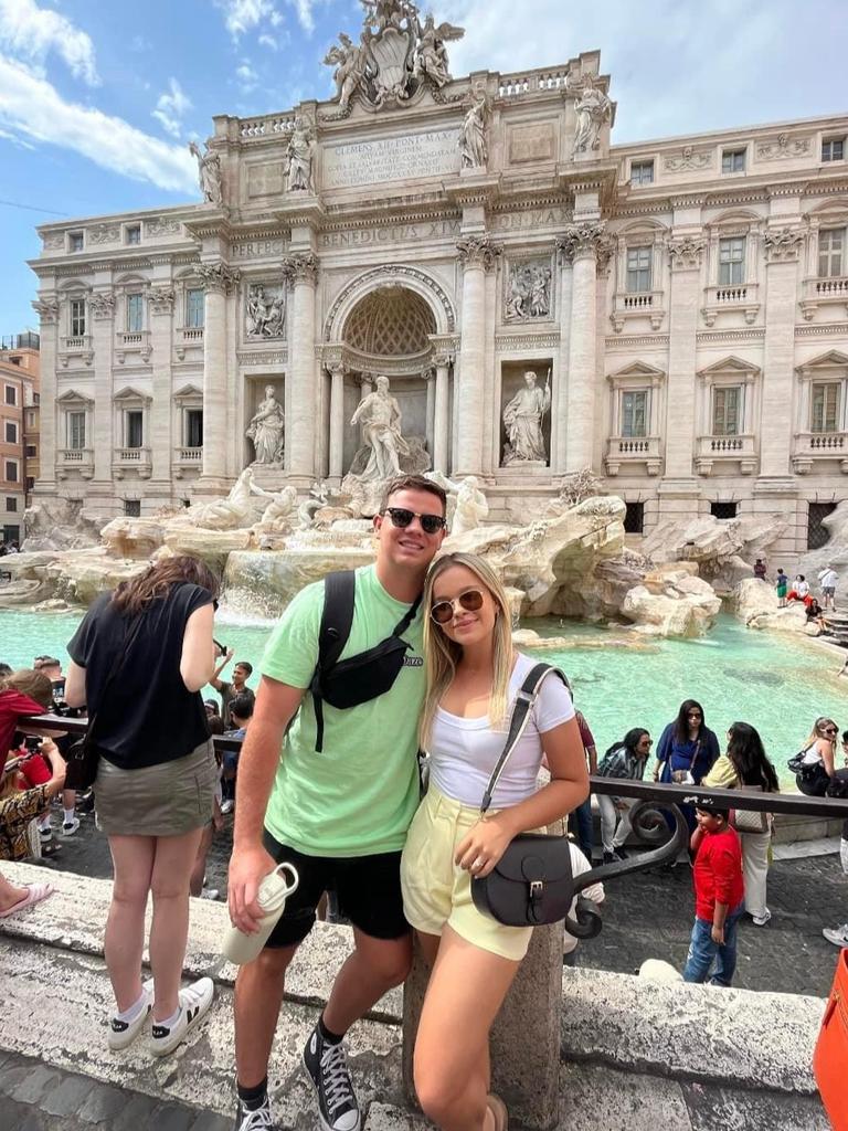 The couple in front of the Trevi Fountain in Italy. Picture: Supplied