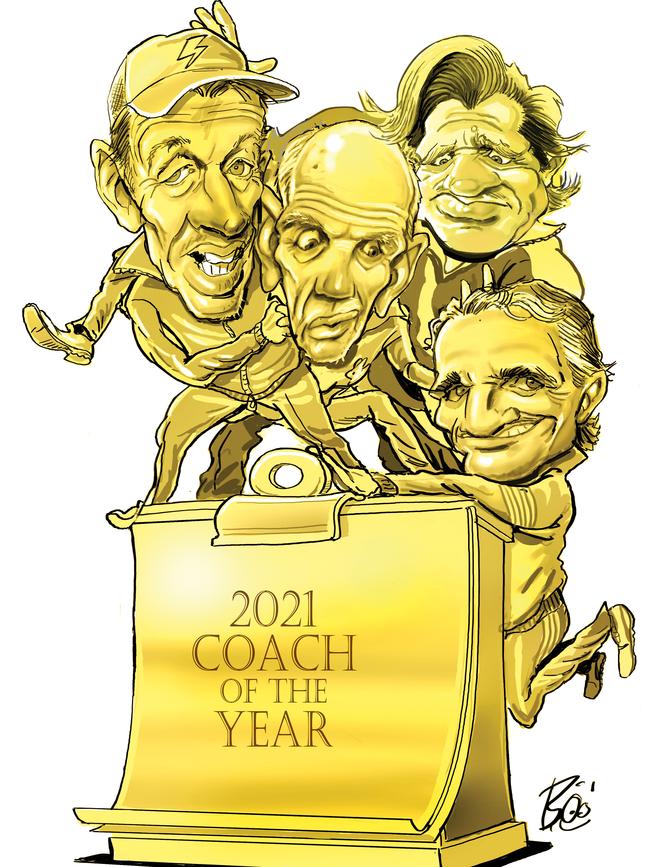 Craig Bellamy, Wayne Bennett, Des Hasler and Ivan Cleary. Digital art: Boo Bailey