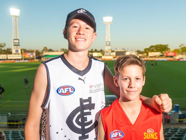 Round 13 of the 2020 AFL Season is held in Darwin. Gold Coast Suns v Carlton Blues. All the colour and action from TIO Stadium, NT. Brothers Stanley Cox and Gilbert CoxPicture : Che Chorley