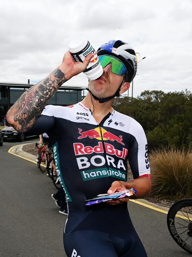 Sam Welsford of Australia and Team Red Bull-BORA-hansgrohe after coming across the line in second. Picture: Dario Belingheri/Getty Images