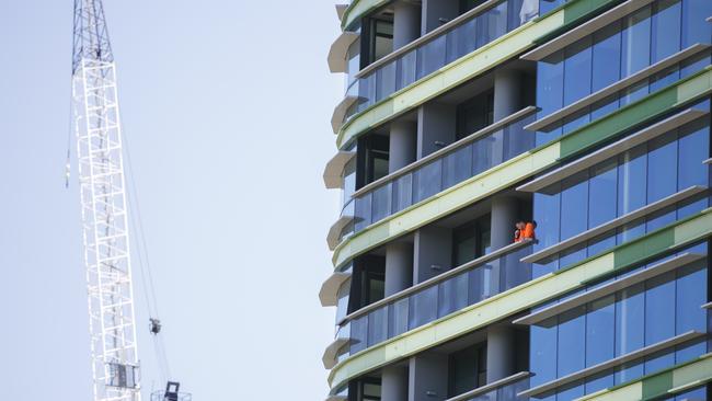 New cracks have been found widening in areas where pre-made concrete panels met concrete poured on site at Sydney’s Opal Building. Picture: Tim Pascoe