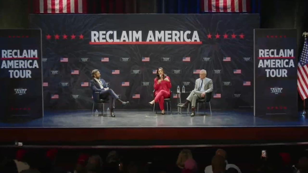 Initially, Levi backed Robert F. Kennedy Jr. for the 2024 presidential election. Levi (L) pictured on stage with Tulsi Gabbard (C) and Robert F. Kennedy Jr (R). Picture: X/@TulsiGabbard