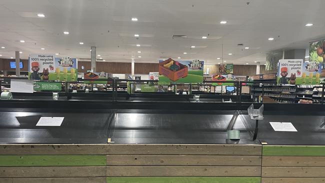 Empty shelves at the Woolworths store in Alice Springs as a result of flooding near Tennant Creek. The weather system caused widespread flooding and remote NT residents to be evacuated to Darwin from areas including Pigeon Hole and Kalkarindji. March 6, 2023. Picture: Laura Hooper