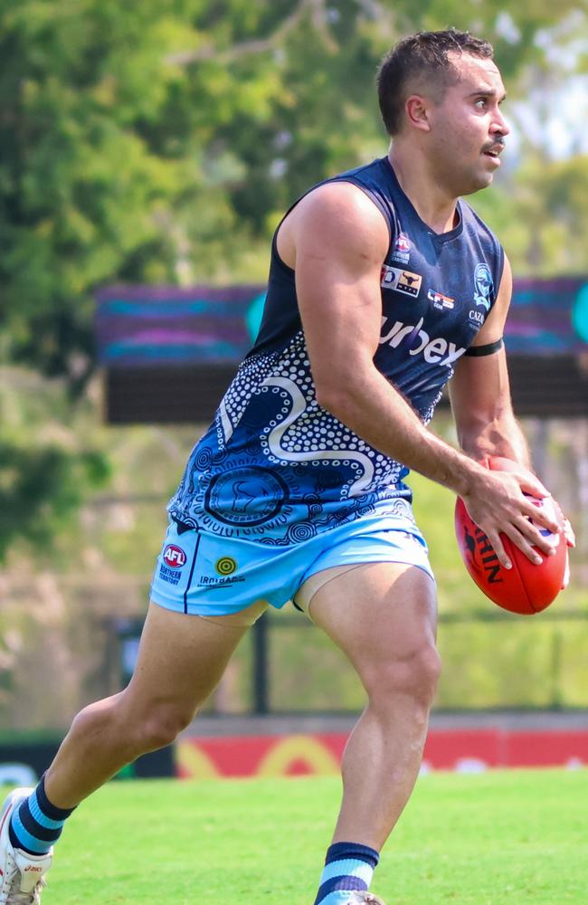 Jarrod Stokes played his 200th game for the Darwin Buffaloes against Wanderers in Round 2 of the 2023-24 NTFL season. Picture: Celina Whan / AFLNT Media