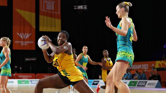 Jhaniele Fowler of Team Jamaica (L) holds the ball away from Courtney Bruce.