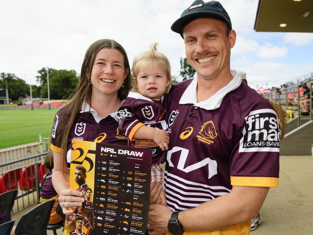 Claire and Travis Scholl with daughter Willow at the Brisbane Broncos Captain's Run and Toowoomba Fan Day at Toowoomba Sports Ground, Saturday, February 15, 2025. Picture: Kevin Farmer