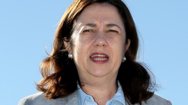 Premier Annastacia Palaszczuk speaking about the coronavirus situation while at Spring Mountain on Monday. Picture: Steve Pohlner