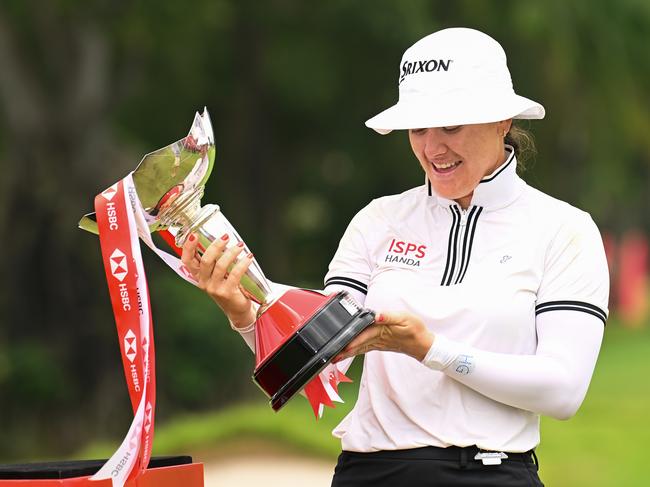 Hannah Green admires the trophy after winning the HSBC Women's World Championship. Picture: Getty Images