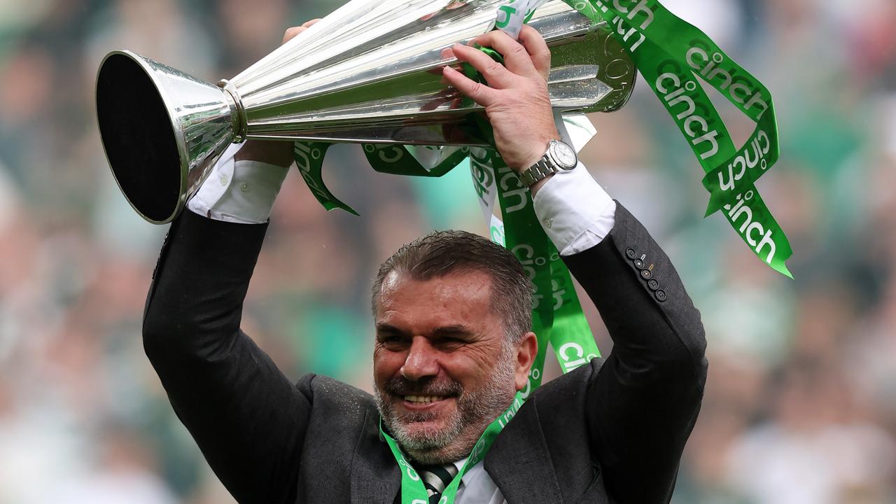 GLASGOW, SCOTLAND - MAY 24: Ange Postecoglou is seen with the trophy during the Cinch Scottish Premiership match between Celtic and Aberdeen at Celtic Park Stadium on May 24, 2023 in Glasgow, Scotland. (Photo by Ian MacNicol/Getty Images)