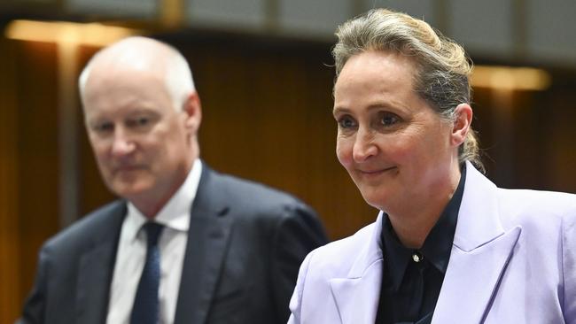 Qantas CEO Vanessa Hudson with chairman Richard Goyder at a Senate inquiry into bilateral air rights on Wednesday. Picture: NCA NewsWire / Martin Ollman