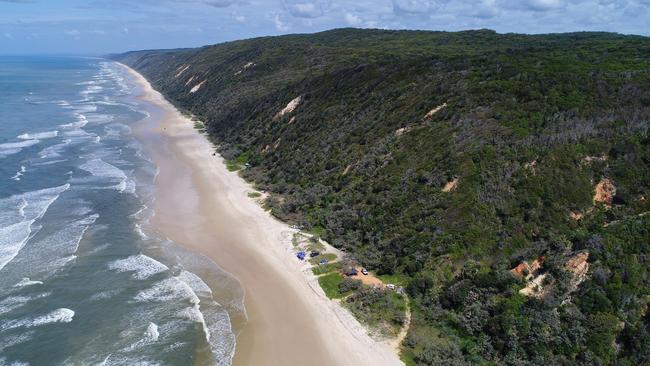 Aerial drone photos of Teewah Beach, Great Sandy National Park, Queensland.