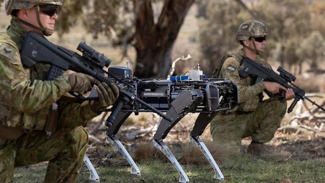 Australian soldiers train with a Vision 60 prototype robot. Picture: Twitter